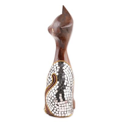 Wood and glass sculpture, 'Glimmering Cat' (8 inch) - Wood and Glass Cat Sculpture from India (8 Inch)