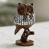 Glass and wood sculpture, Glimmering Owl (4 inch)