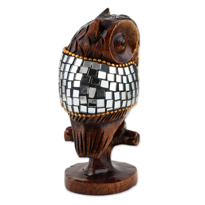 Glass and wood sculpture, 'Glimmering Owl' (4 inch) - Wood and Glass Owl Sculpture from India (4 Inch)
