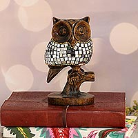 Glass and wood sculpture, 'Glimmering Owl' (5 inch) - Wood and Glass Owl Sculpture from India (5 Inch)