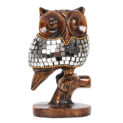 Wood and Glass Owl Sculpture from India (5 Inch)