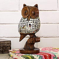 Glass and wood sculpture, Glimmering Owl (6 inch)