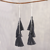 Cotton dangle earrings, 'Dancing Fringe in Graphite' - Long Cotton Fringe Dangle Earrings in Graphite from India