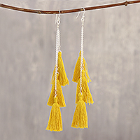 Cotton dangle earrings, 'Dancing Fringe in Ochre' - Long Cotton Tassel Earrings in Ochre from India