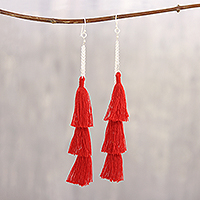Long Cotton Tassel Dangle Earrings in Chili from India,'Dancing Fringe in Chili'