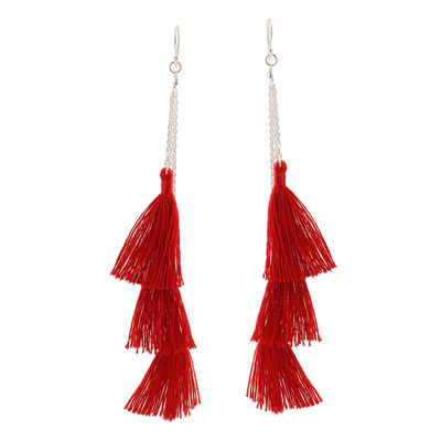 Cotton dangle earrings, 'Dancing Fringe in Chili' - Long Cotton Tassel Dangle Earrings in Chili from India