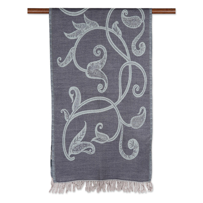 Reversible Jamawar wool scarf, 'Subtle Garden in Grey-Blue' - Reversible Leaf Motif Jamawar Wool Scarf in Grey-Blue