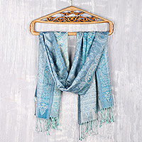 Silk and wool blend shawl, 'Turquoise Glam' - Silk and Wool Blend Jamawar-Style Shawl in Turquoise & Blue