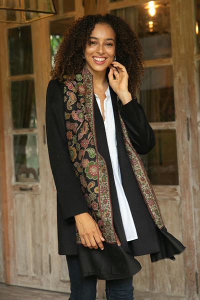 Wool shawl, 'Midnight Garden' - Floral Wool Shawl in Black from India