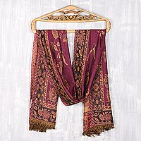 Jamawar wool scarf, 'Azalea Garden' - Floral Motif Jamawar Wool Scarf in Azalea from India