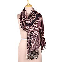 Wool shawl, 'Aubergine Garden' - Floral and Paisley Motif Jamawar Wool Shawl in Purple
