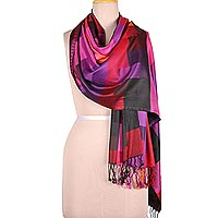 Viscose shawl, 'Vibrant Kaleidoscope Squares' - Square Pattern Viscose Shawl from India