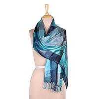 Viscose shawl, 'Ocean Kaleidoscope Squares' - Viscose Shawl with Blue Patterns from India