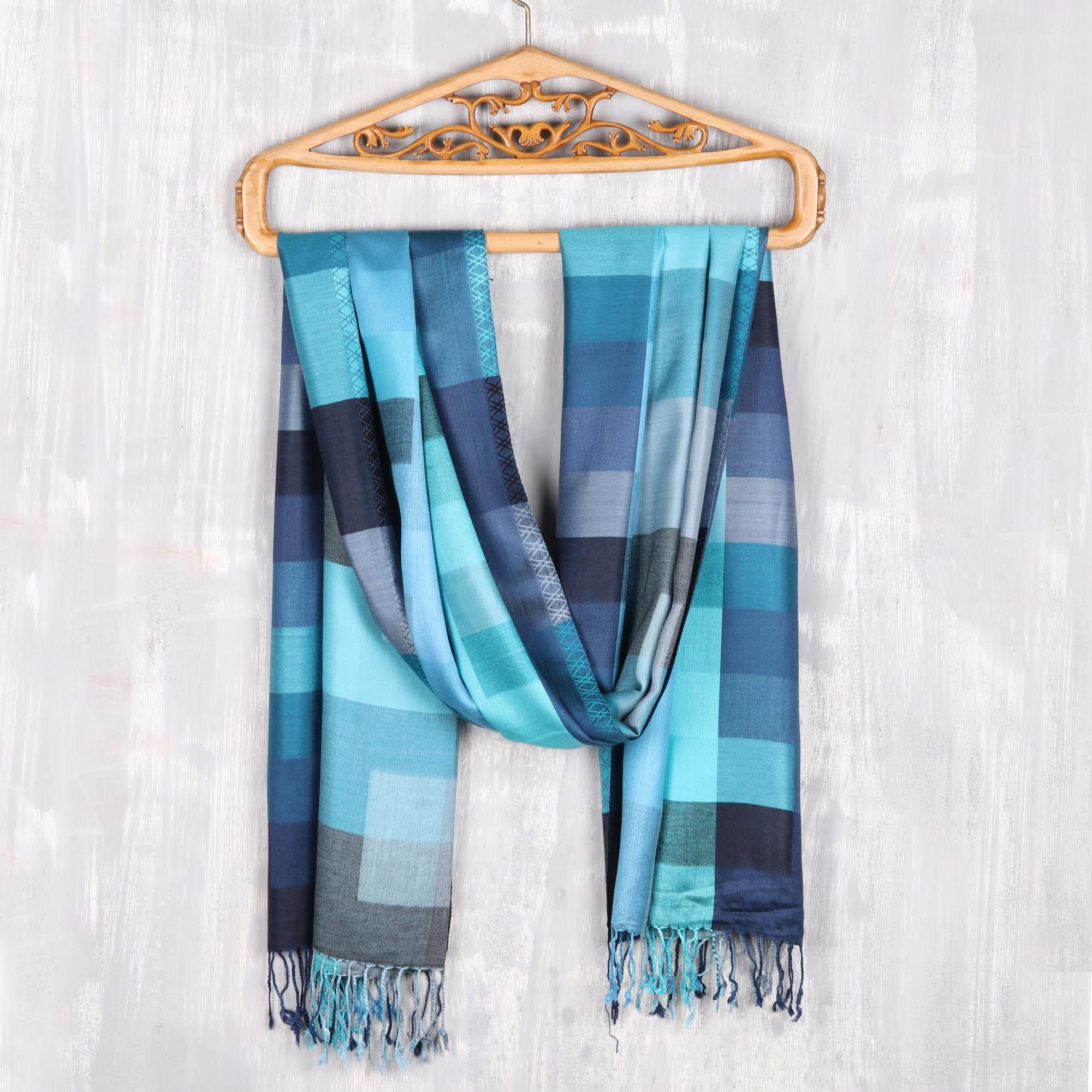 Blue Pacific Dream Cashmere and Silk Scarf in Navy Turquoise
