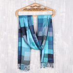 Viscose shawl, 'Ocean Kaleidoscope Squares' - Viscose Shawl with Blue Patterns from India