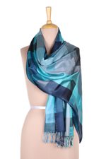 Viscose shawl, 'Ocean Kaleidoscope Squares' - Viscose Shawl with Blue Patterns from India