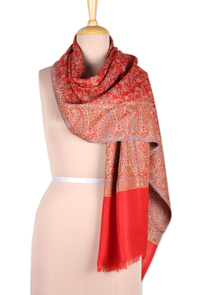 Wool shawl, 'Paisley Glamour' - Paisley Motif Wool Shawl in Poppy from India
