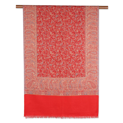 Wool shawl, 'Paisley Glamour' - Paisley Motif Wool Shawl in Poppy from India