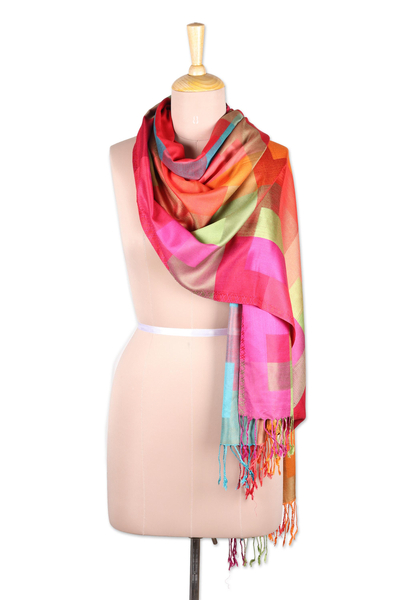 Viscose shawl, 'Colorful Kaleidoscope Squares' - Multicolored Viscose Shawl from India