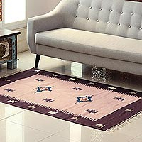 Wool area rug, 'Abstract Stars' (4x6) - Petal Pink and Mahogany Wool Area Rug from India (4x6)