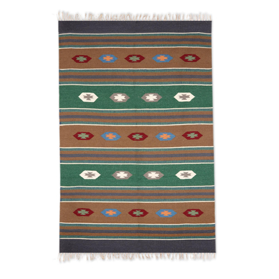 Geometric and Stripe Pattern Wool Area Rug from India (4x6)