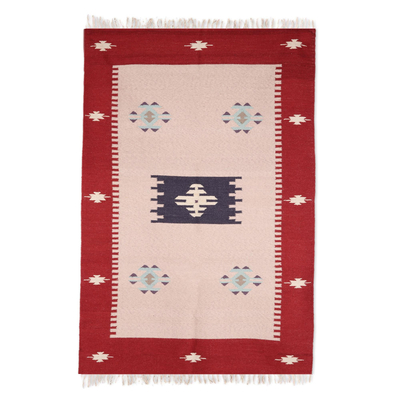 Crimson and Khaki Geometric Wool Area Rug from India (4x5.5)
