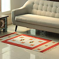 Wool area rug, 'Starry Frame' (3x5) - Scarlet and Celadon Wool Area Rug from India (3x5)