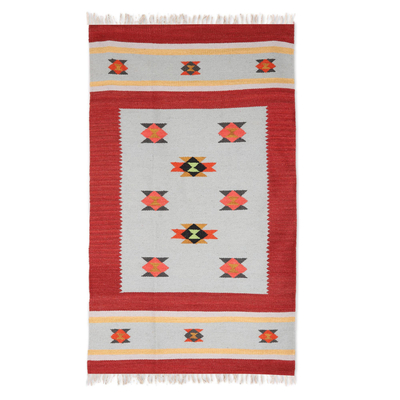 Scarlet and Celadon Wool Area Rug from India (3x5)