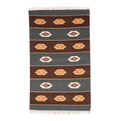 Wool area rug, 'Celebrations' (3x5) - 3 by 5 Ft Wool Geometric Motif Dhurrie Rug