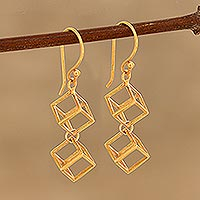 Gold plated sterling silver dangle earrings, 'Gold Cubism' - Gold Plated Sterling Silver Cube Dangle Earrings from India