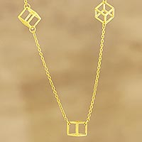 Gold plated long station necklace, 'Golden Cubes'