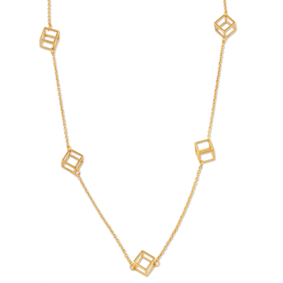 Collar estación largo baño oro, 'Golden Cubes' - Collar de estación de cubo de plata de ley chapada en oro de India