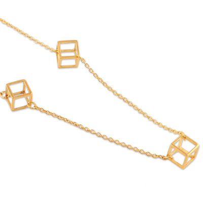 Gold plated long station necklace, 'Golden Cubes' - Gold Plated Sterling Silver Cube Station Necklace from India