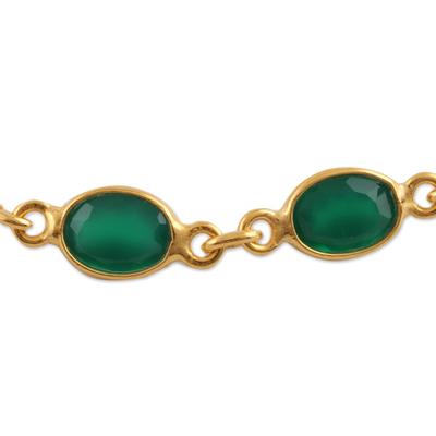 Gold plated onyx link bracelet, 'Verdant Glitz' - 11-Carat Gold Plated Green Onyx Link Bracelet from India