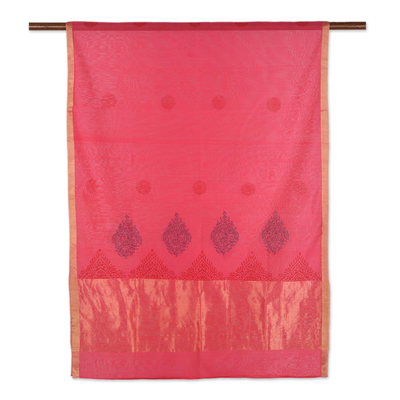 Block-printed cotton and silk blend shawl, 'Zari Peacocks' - Block-Printed Cotton and Silk Shawl with Zari Embroidery
