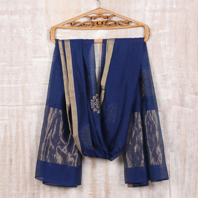 Cotton and silk blend shawl, 'Zari Elegance' - Zari-Embroidered Cotton and Silk Blend Shawl in Lapis