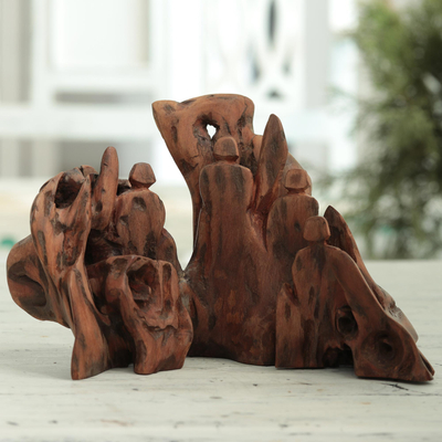 Driftwood sculpture, 'Happy Memories II' - Friendship-Themed Sal Driftwood Sculpture from India