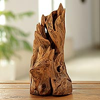 Driftwood sculpture, 'Wreathed in Flame' - Handmade Sal Driftwood Sculpture by an Indian Artist