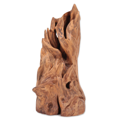 Driftwood sculpture, 'Wreathed in Flame' - Handmade Sal Driftwood Sculpture by an Indian Artist