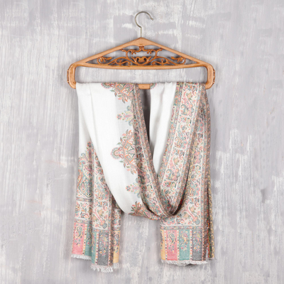 Modal jacquard shawl, 'Mughal Fresco' - Modal Woven Shawl White with Multicolored Motifs