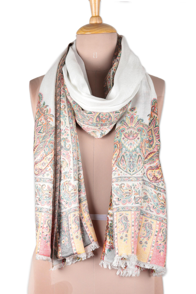 Schal aus Modal-Jacquard - Modal gewebter Schal in Weiß mit mehrfarbigen Motiven