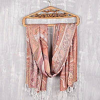 Reversible modal shawl, 'Floral Paisley' - Paisley and Floral Jacquard Woven Shawl in Melon and Rose