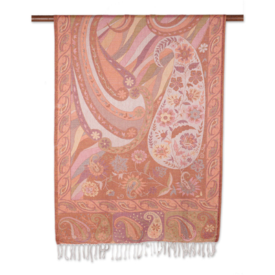 Reversible modal shawl, 'Floral Paisley' - Paisley and Floral Jacquard Woven Shawl in Melon and Rose