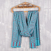 Modal jacquard shawl, 'Paisley Fanfare in Cardinal' - Blue and Red Jacquard Woven Shawl from India