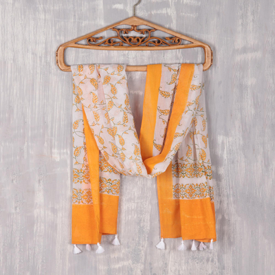 Block-printed cotton scarf, 'Saffron Vines' - Leaf Motif Block-Printed Cotton Wrap Scarf from India