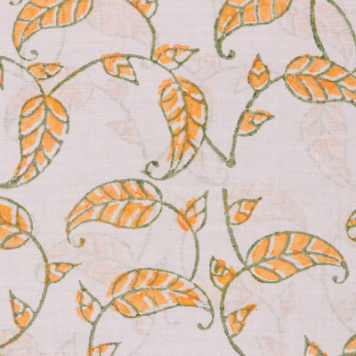Block-printed cotton scarf, 'Saffron Vines' - Leaf Motif Block-Printed Cotton Wrap Scarf from India