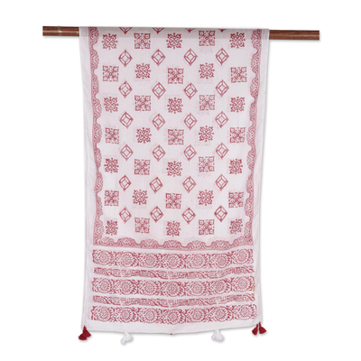 Bufanda de algodón con estampado block - Bufanda de algodón con motivos estampados en bloques de color burdeos, de la India