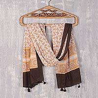 Block-printed cotton scarf, 'Saffron Garden' - Leaf Motif Block-Printed Cotton Scarf in Saffron from India