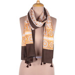 Block-printed cotton scarf, 'Saffron Garden' - Leaf Motif Block-Printed Cotton Scarf in Saffron from India