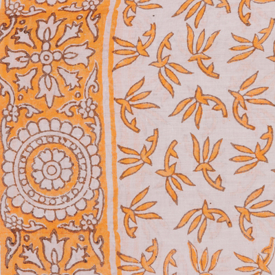 Block-printed cotton scarf, 'Saffron Garden' - Leaf Motif Block-Printed Cotton Scarf in Saffron from India